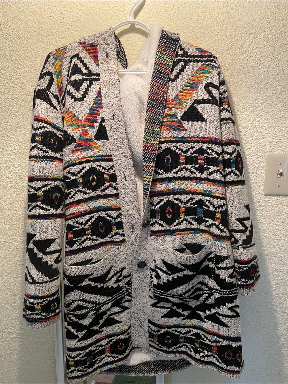Cozy Aztec Pattern, hooded, fleece lined Cardigan - Black & Multicolor